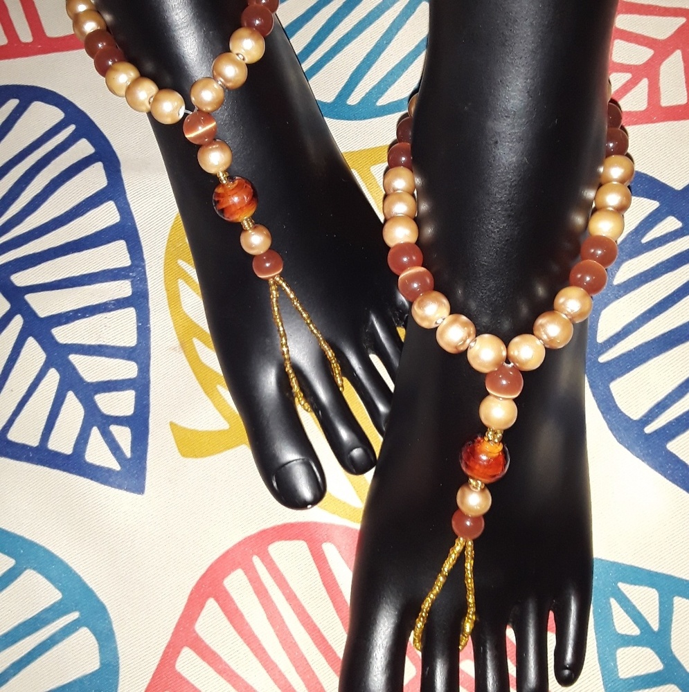 Brown Gold Glass Beads Barefoot Sandals *Handmade